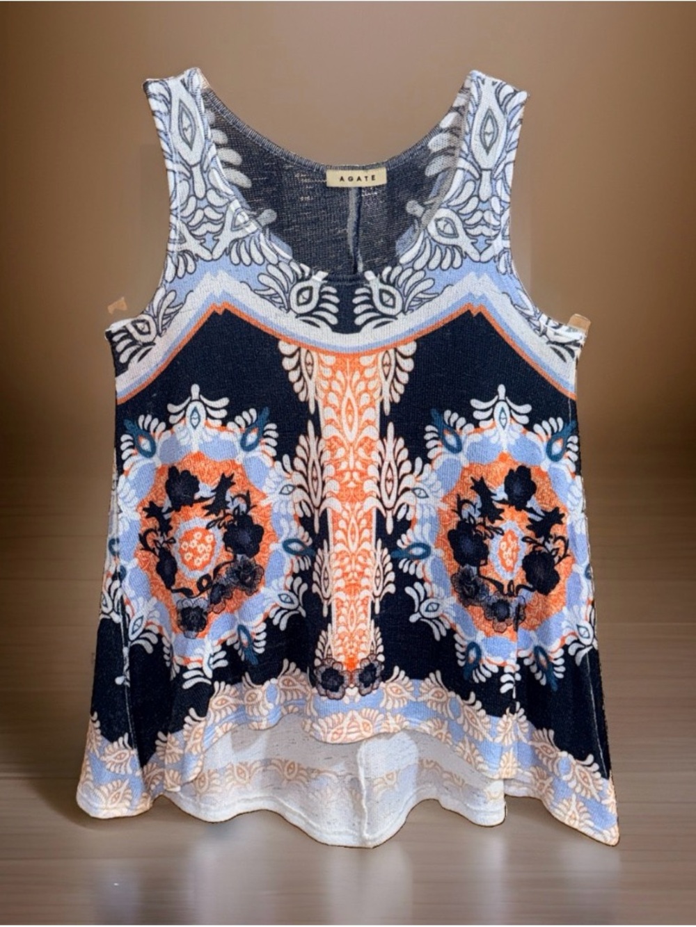 Agate Women's Navy & Orange Printed-Patterned Sleeveless Knit Top-M/L-EC